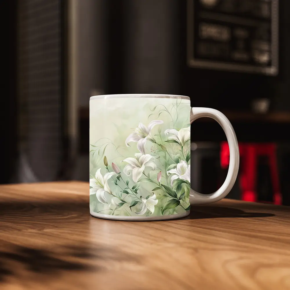 White Lily Flowers Soft Green Botanical Art – Mugs