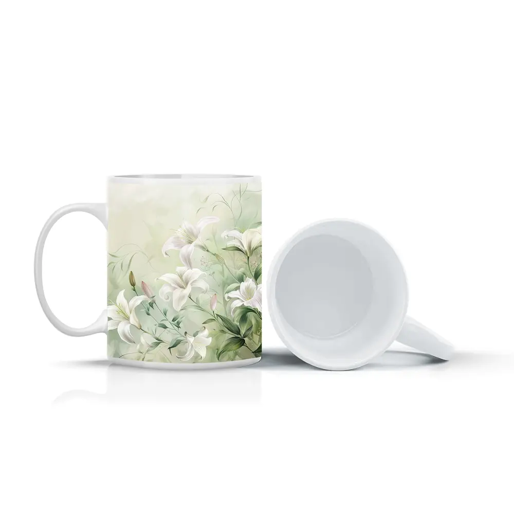 White Lily Flowers Soft Green Botanical Art – Mugs