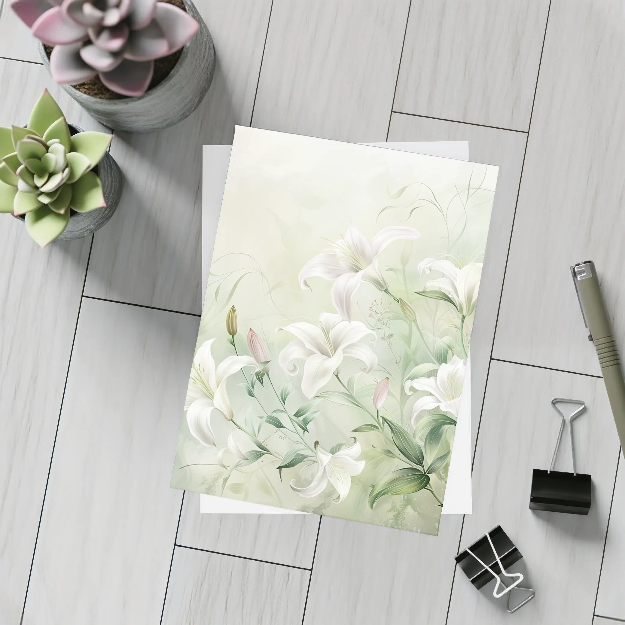 White Lily Flowers Soft Green Botanical Art – Postcards