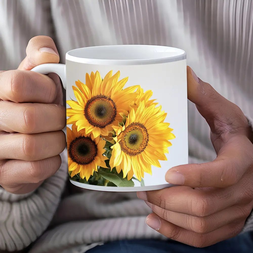 Three Sunflowers Against White Background – Mugs