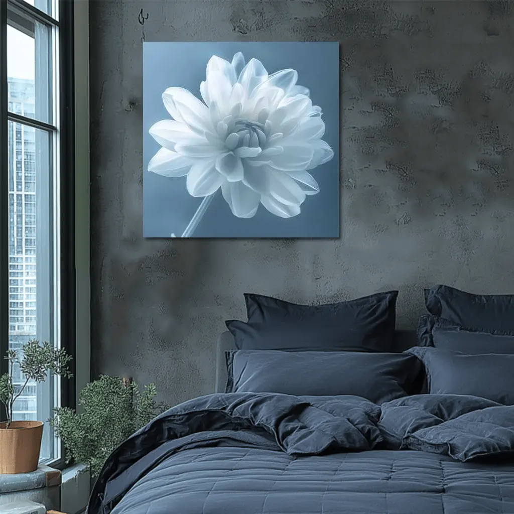 White Dahlia Flower Soft Blue Background – Wall Art