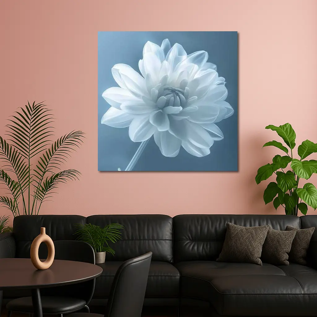 White Dahlia Flower Soft Blue Background – Wall Art