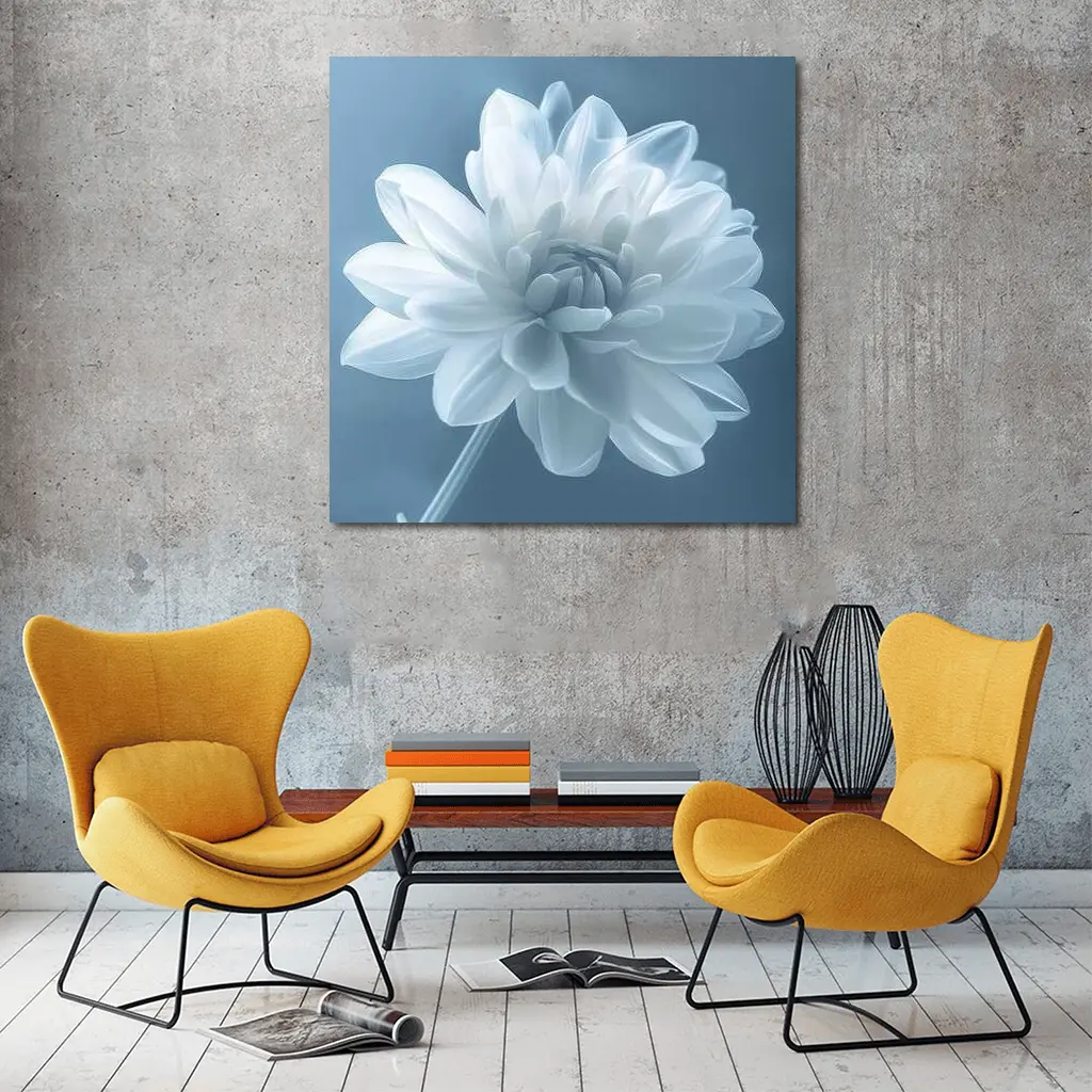 White Dahlia Flower Soft Blue Background – Wall Art