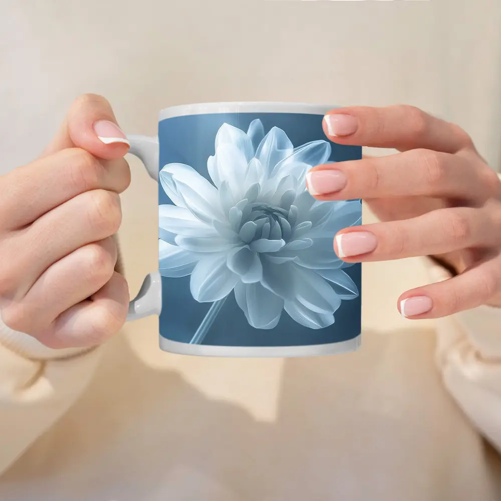 White Dahlia Flower Soft Blue Background – Mugs
