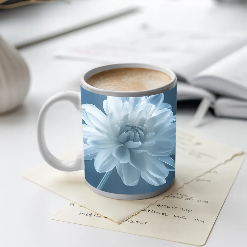 White Dahlia Flower Soft Blue Background – Mugs