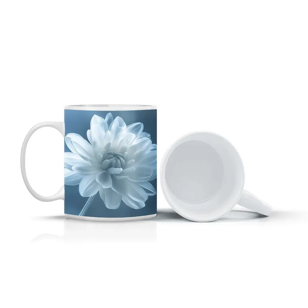 White Dahlia Flower Soft Blue Background – Mugs