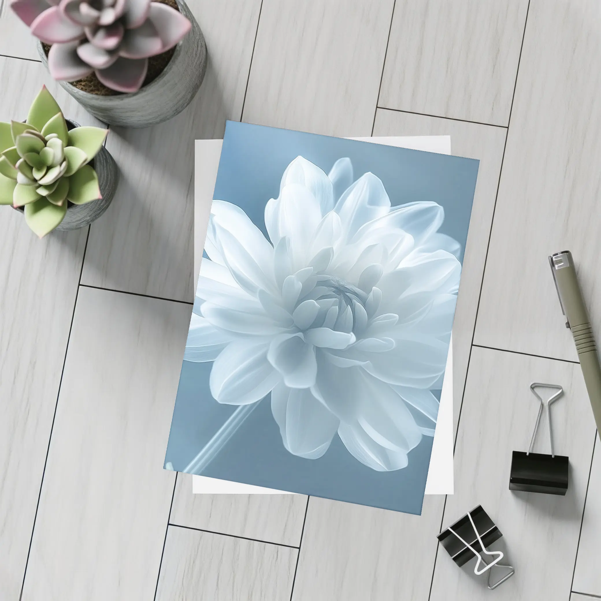White Dahlia Flower Soft Blue Background – Postcards