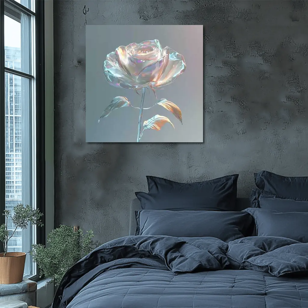 Iridescent Glass Rose Holographic Gray Background – Wall Art