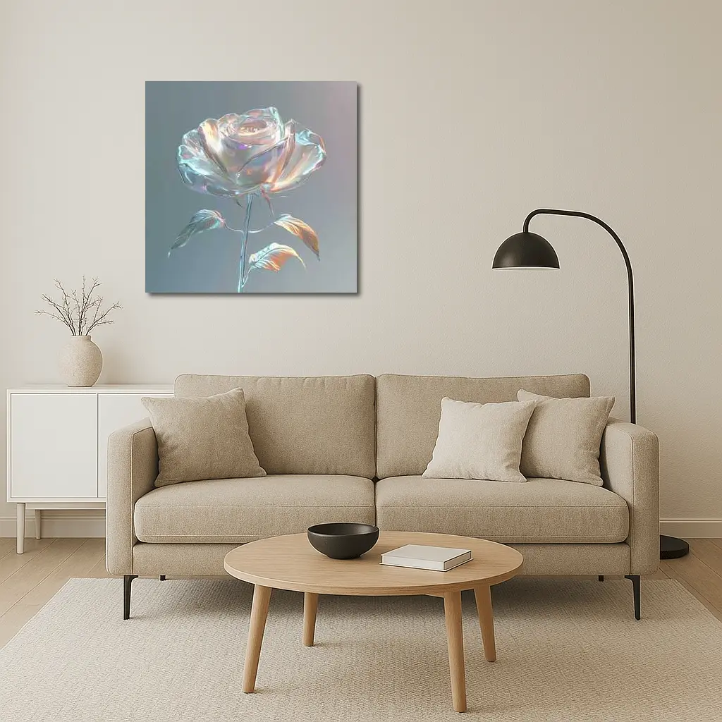 Iridescent Glass Rose Holographic Gray Background – Wall Art