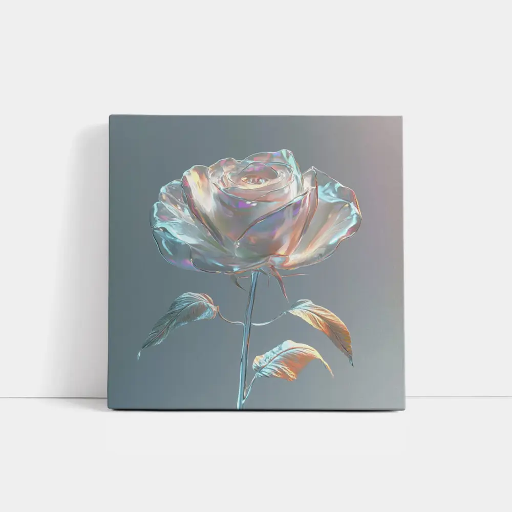 Iridescent Glass Rose Holographic Gray Background – Wall Art