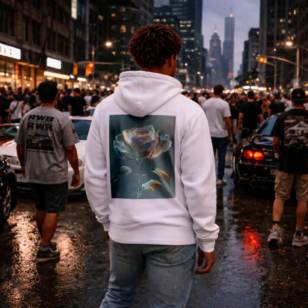 Iridescent Glass Rose Holographic Gray Background – Hoodies