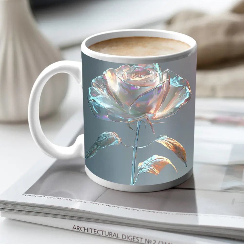 Iridescent Glass Rose Holographic Gray Background – Mugs