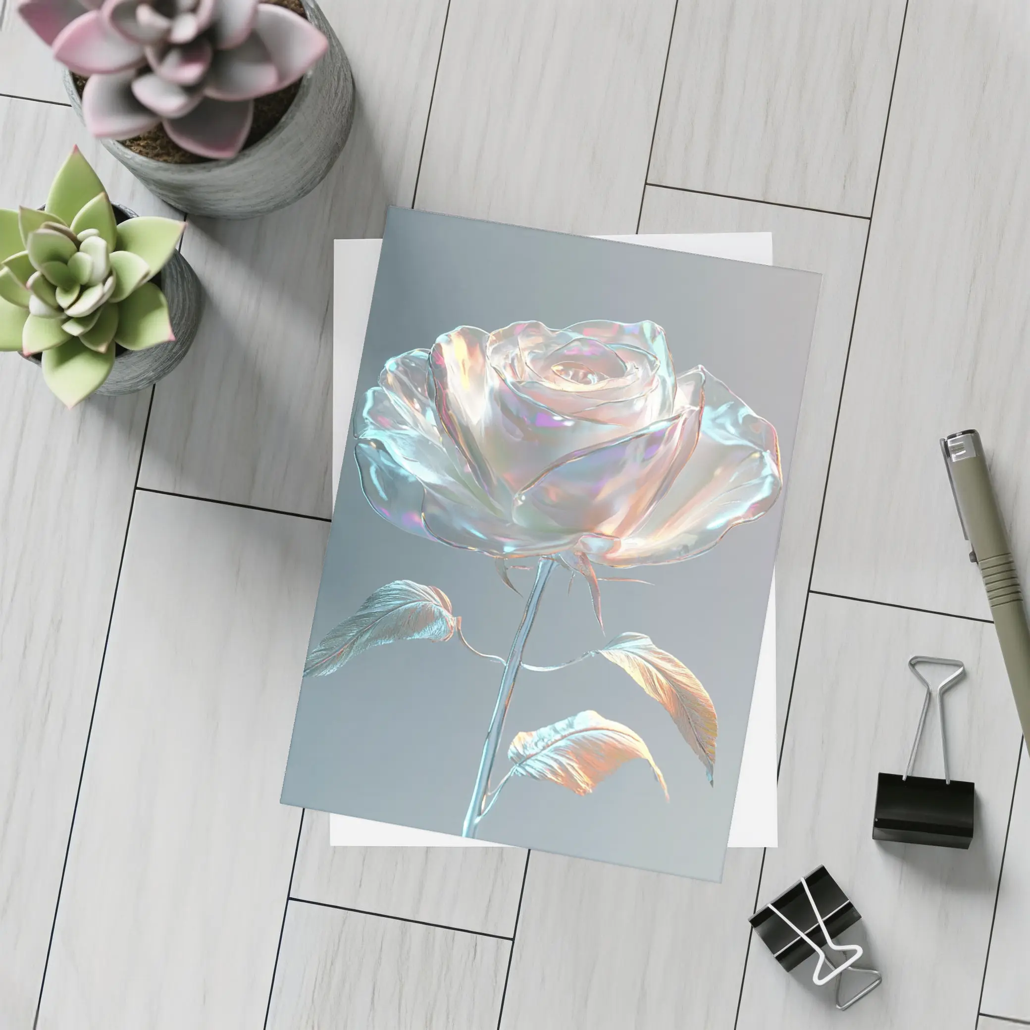 Iridescent Glass Rose Holographic Gray Background – Postcards
