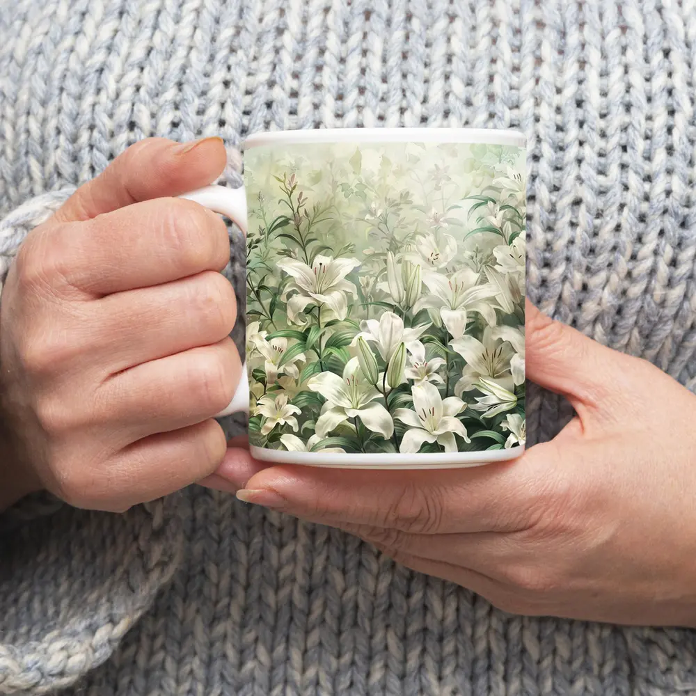 White Lilies Green Garden Botanical Art – Mugs