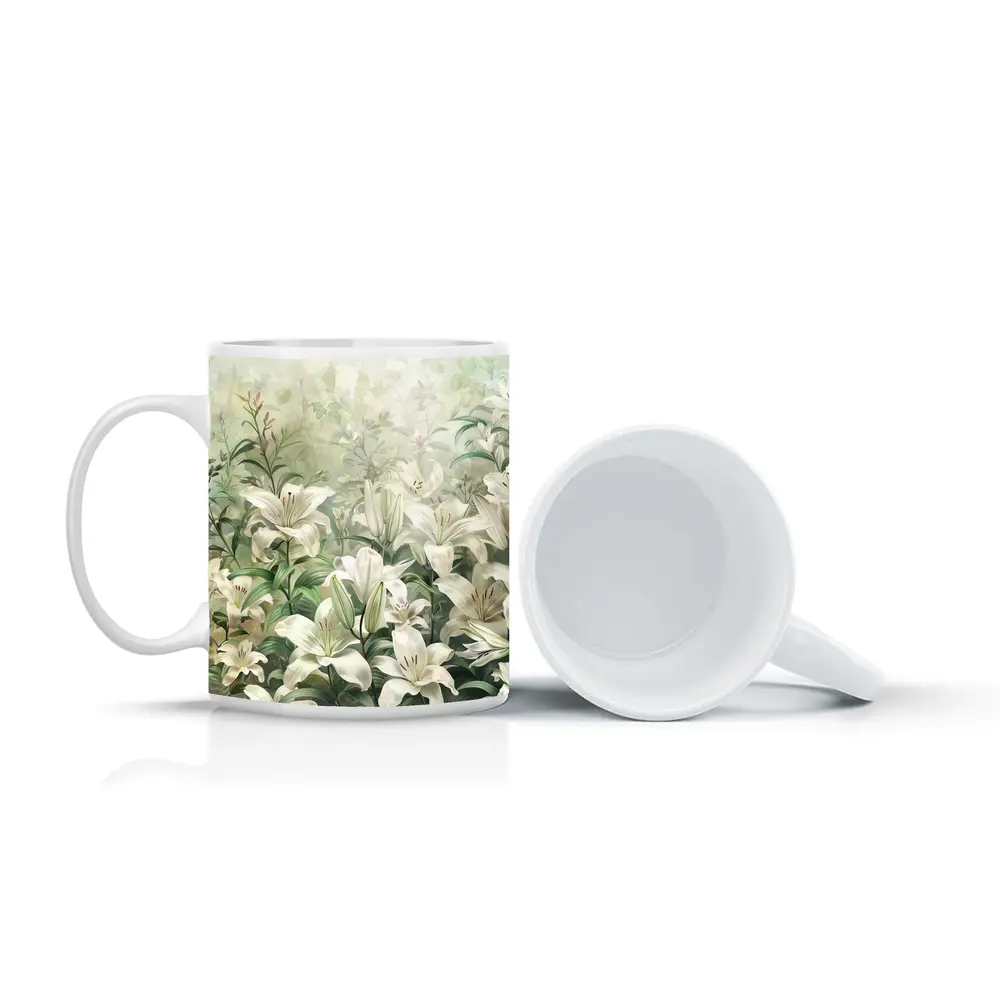 White Lilies Green Garden Botanical Art – Mugs