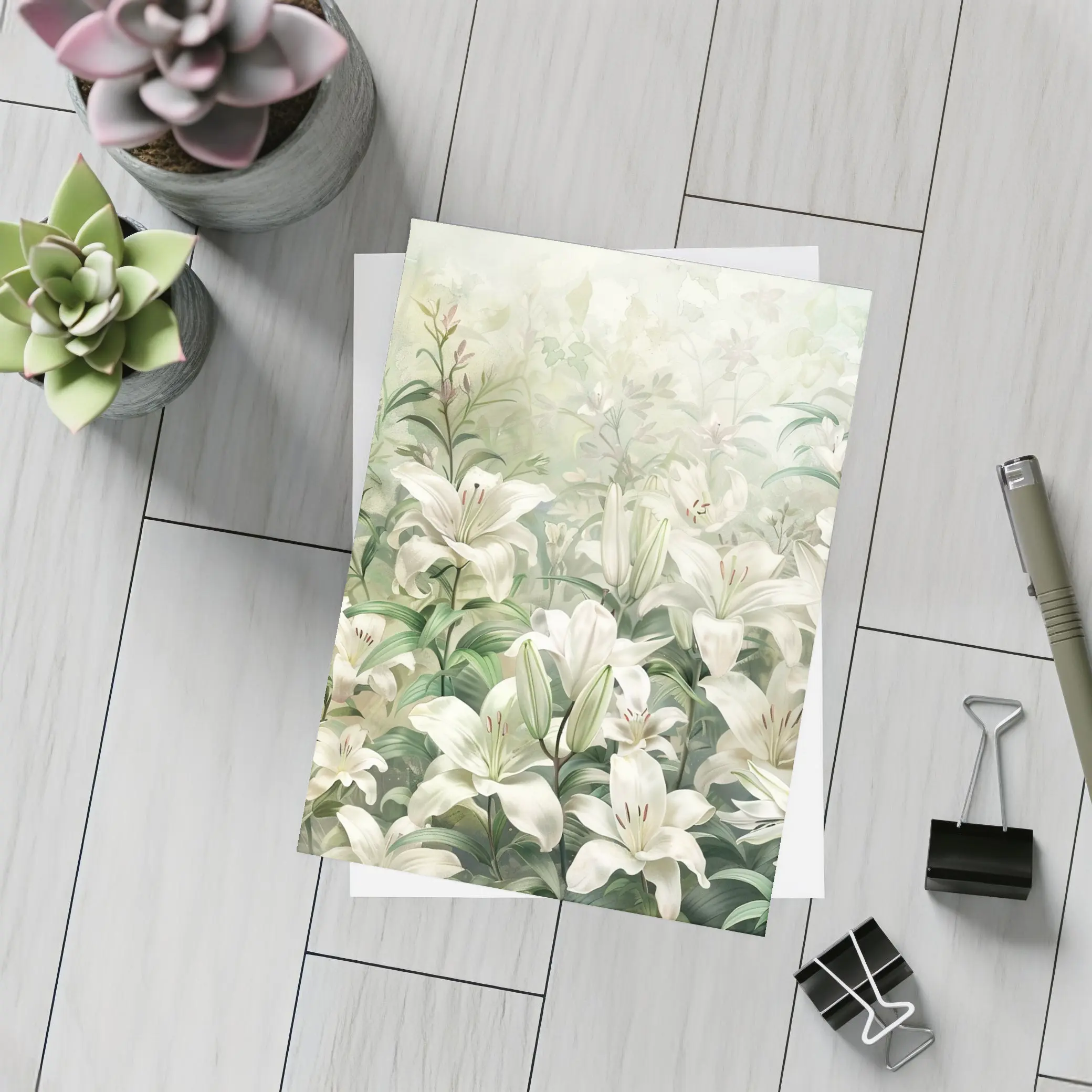 White Lilies Green Garden Botanical Art – Postcards