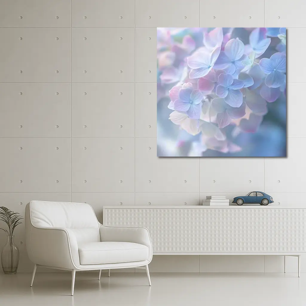 Soft Pastel Hydrangea Flowers Blue Background – Wall Art