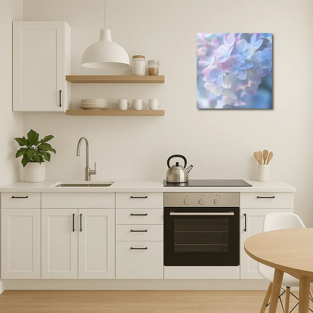 Soft Pastel Hydrangea Flowers Blue Background – Wall Art