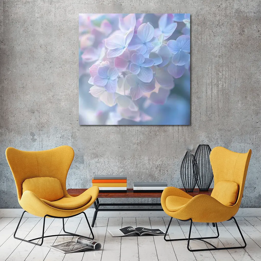 Soft Pastel Hydrangea Flowers Blue Background – Wall Art