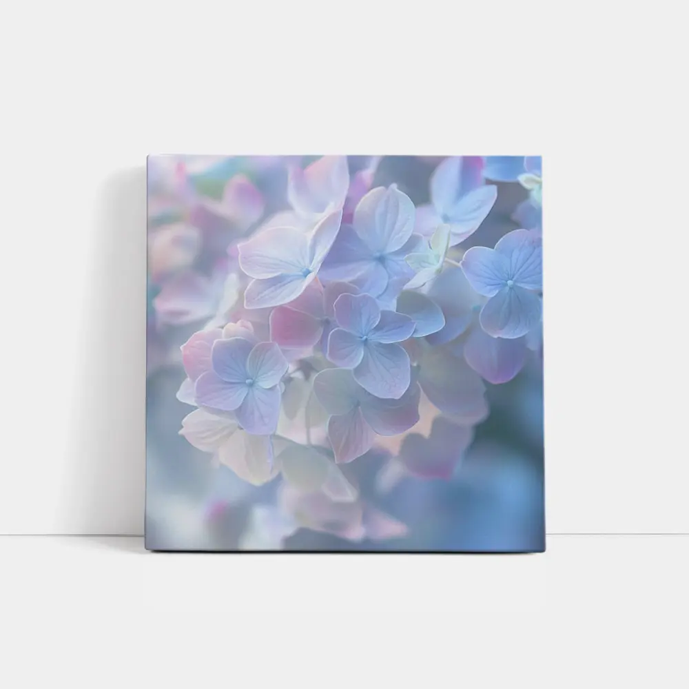 Soft Pastel Hydrangea Flowers Blue Background – Wall Art