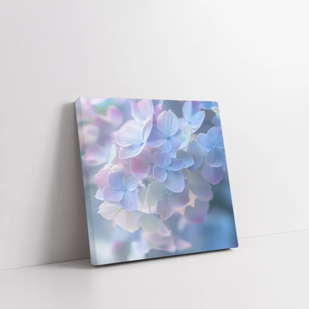 Soft Pastel Hydrangea Flowers Blue Background – Wall Art