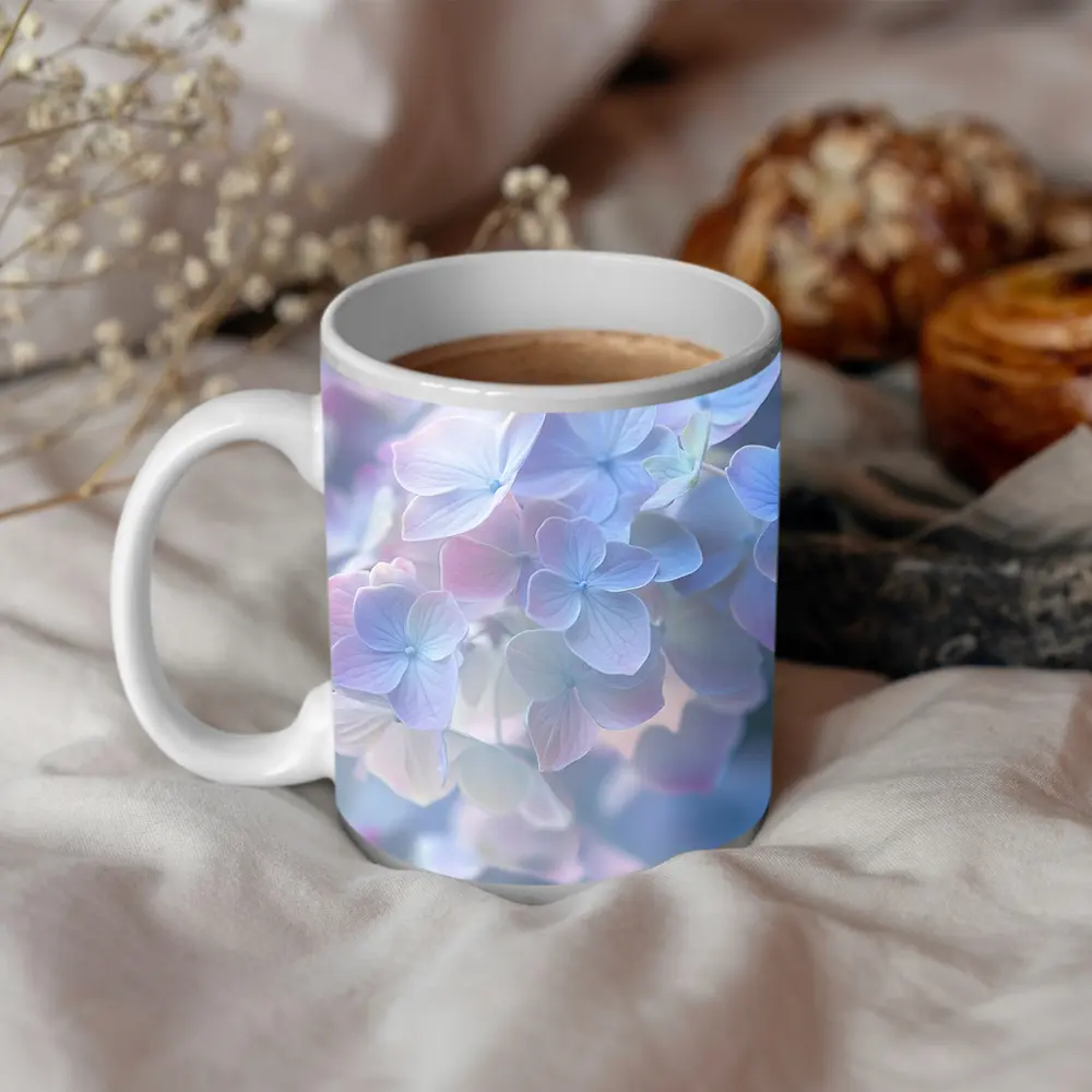 Soft Pastel Hydrangea Flowers Blue Background – Mugs