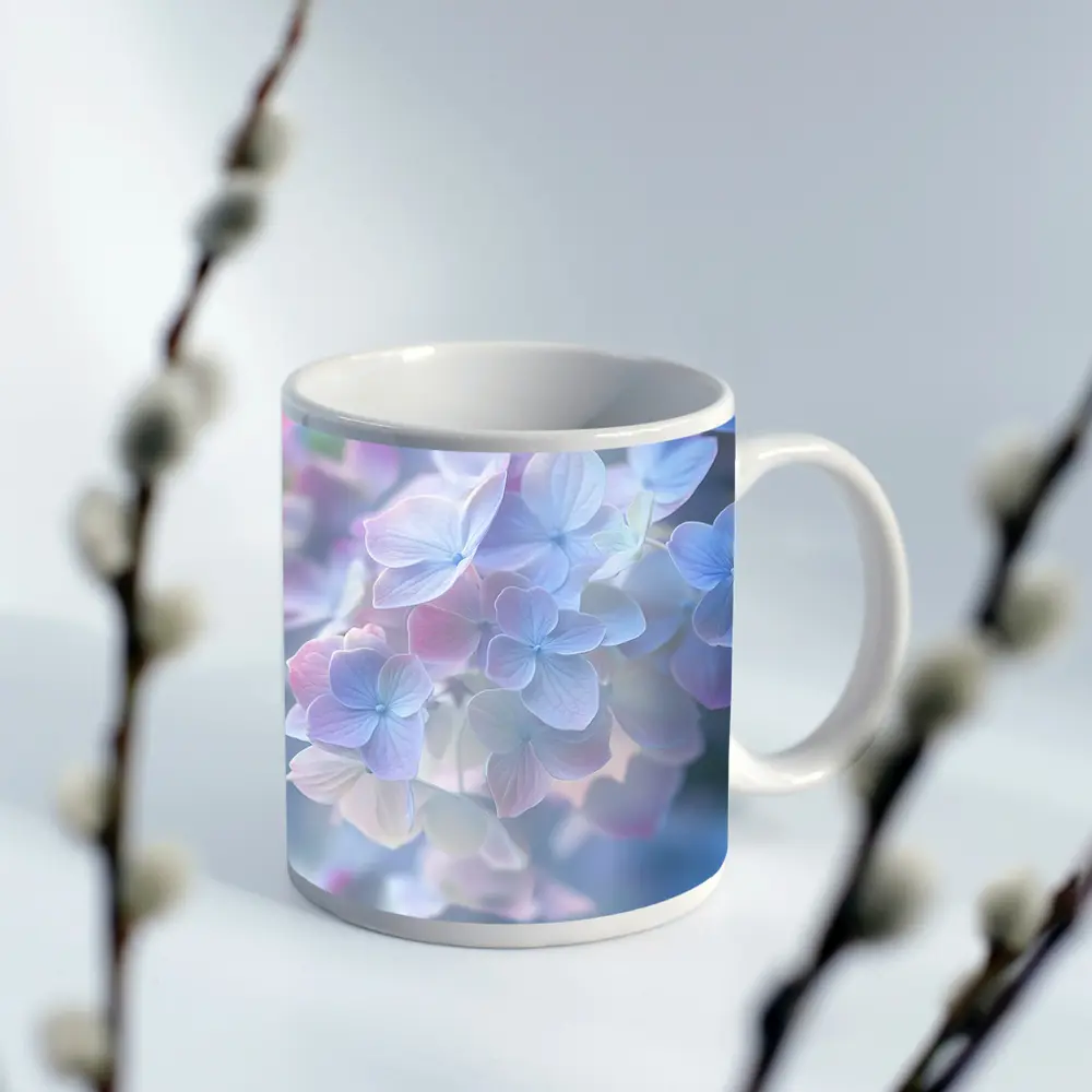Soft Pastel Hydrangea Flowers Blue Background – Mugs
