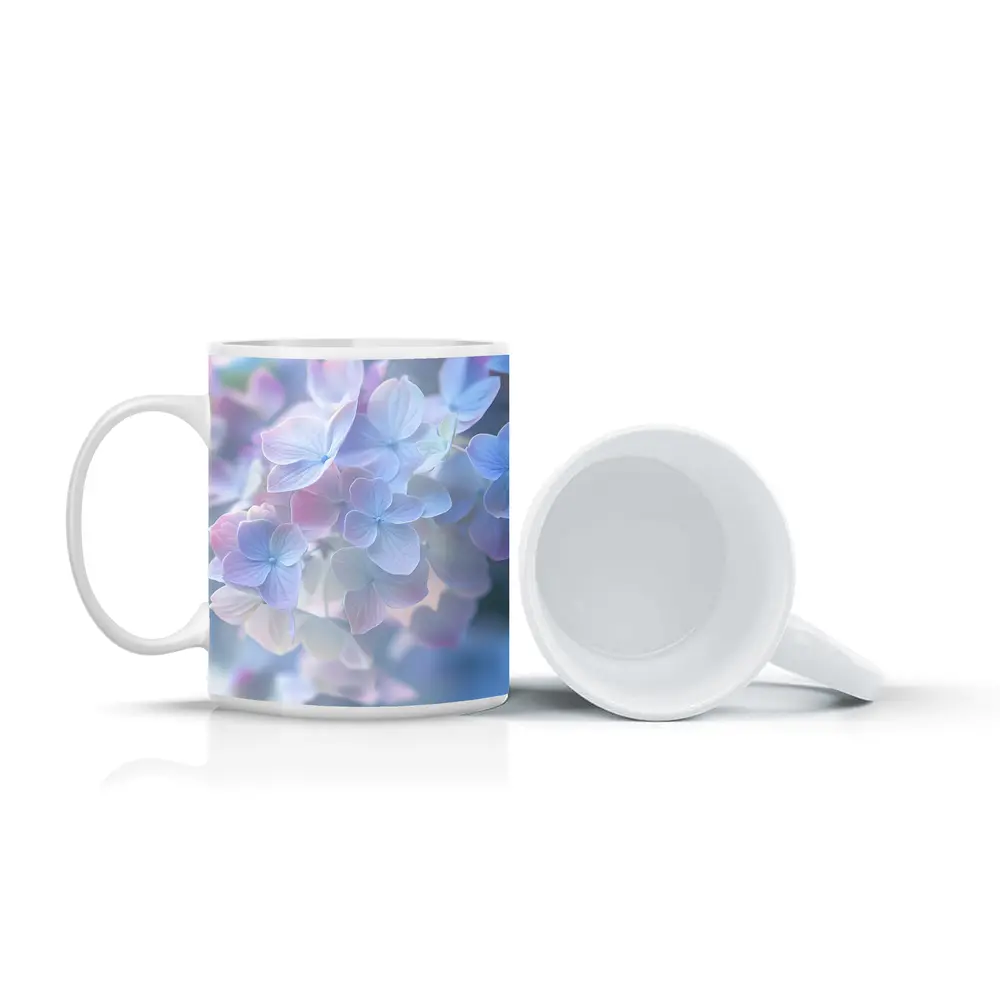 Soft Pastel Hydrangea Flowers Blue Background – Mugs