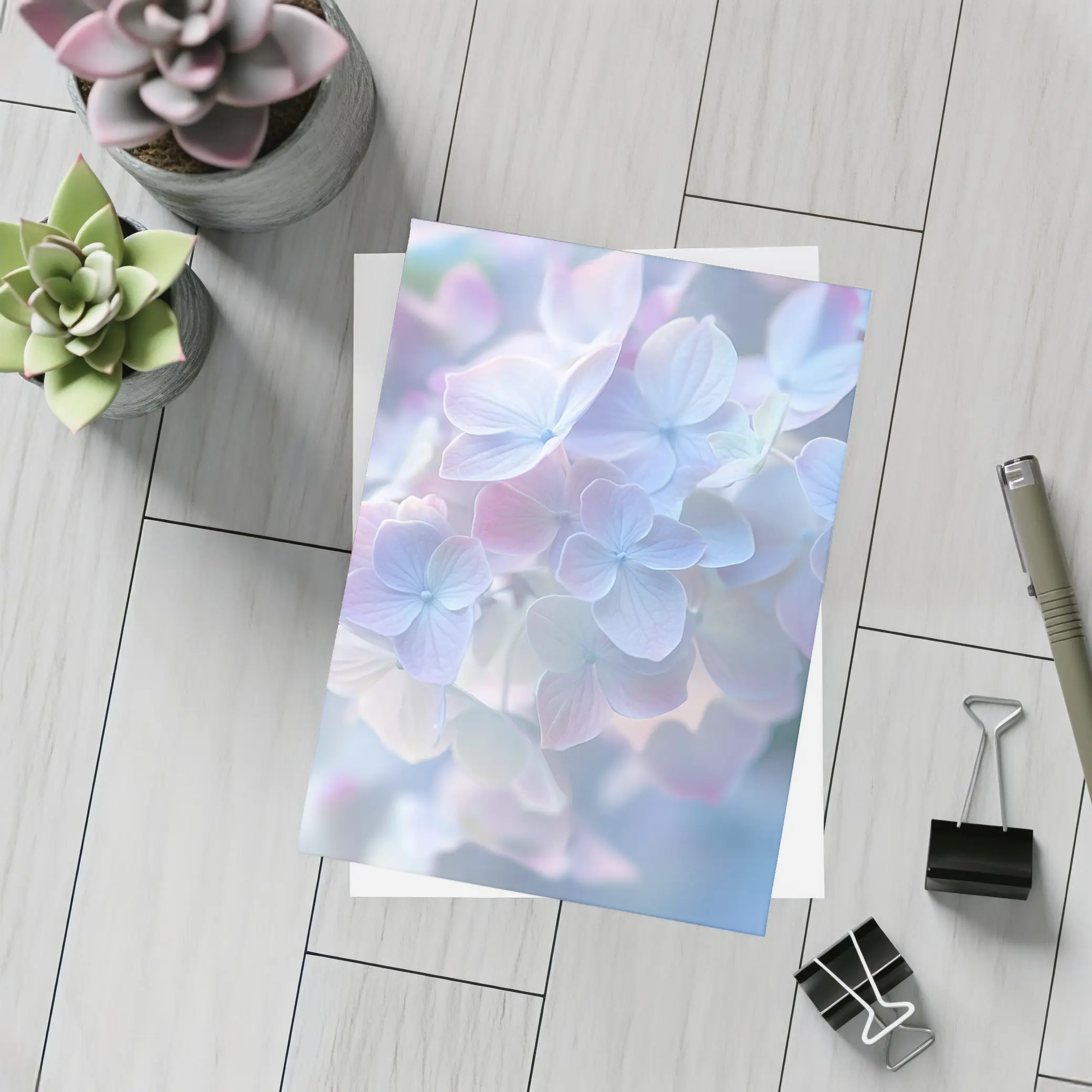Soft Pastel Hydrangea Flowers Blue Background – Postcards