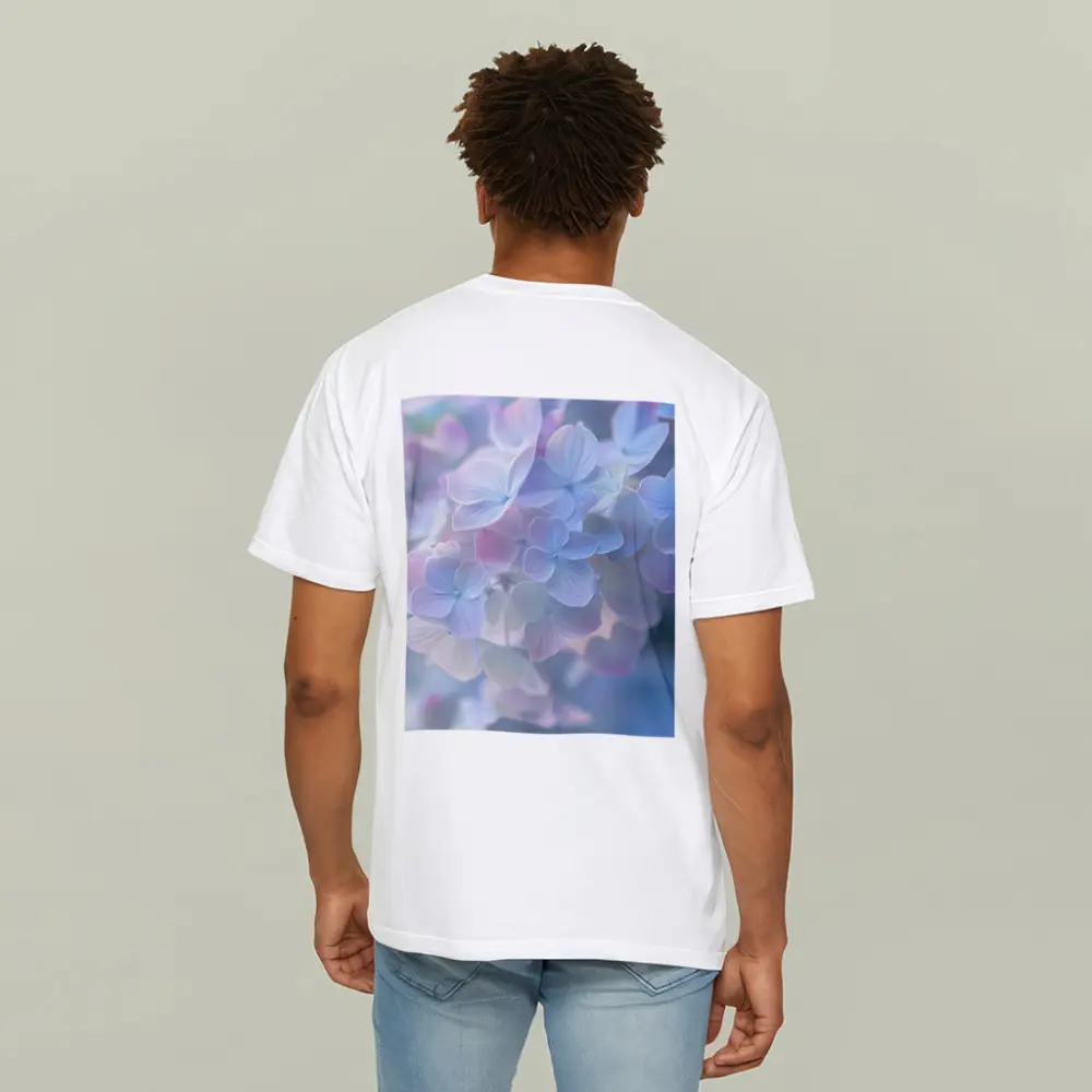 Soft Pastel Hydrangea Flowers Blue Background – T-Shirts