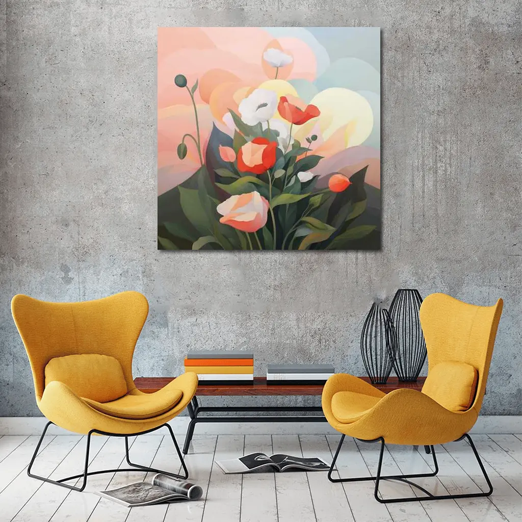 Red White Poppies Soft Pastel Sky Background – Wall Art