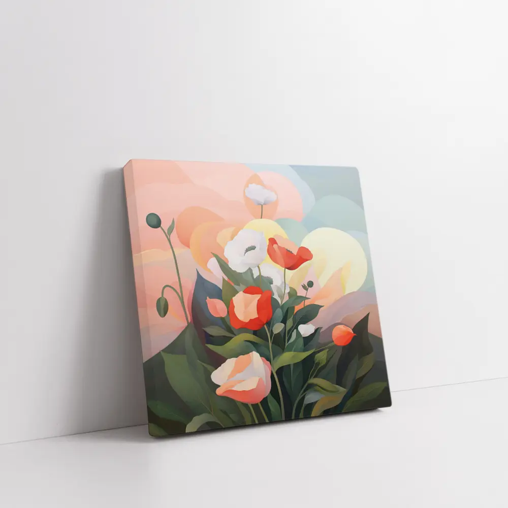 Red White Poppies Soft Pastel Sky Background – Wall Art