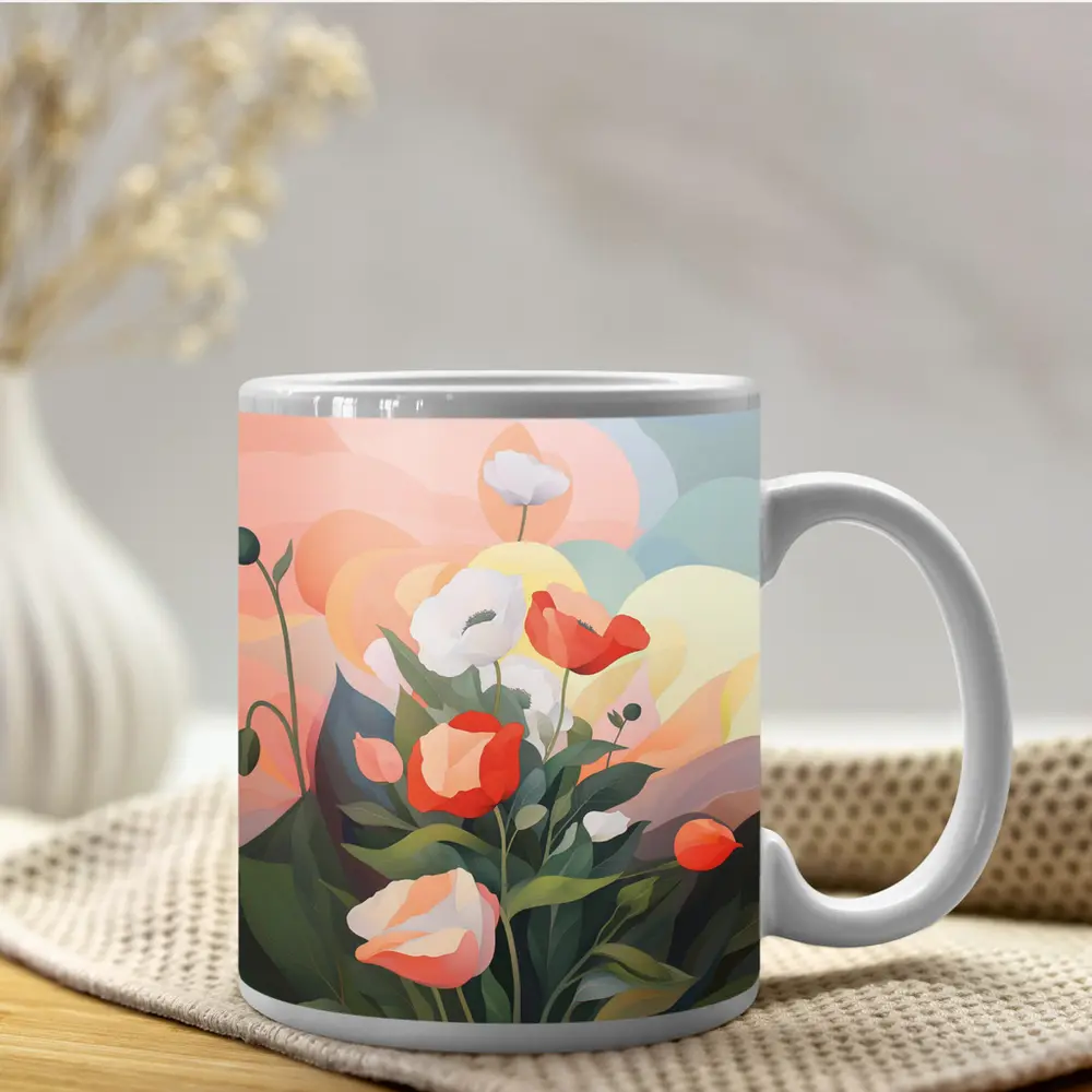Red White Poppies Soft Pastel Sky Background – Mugs