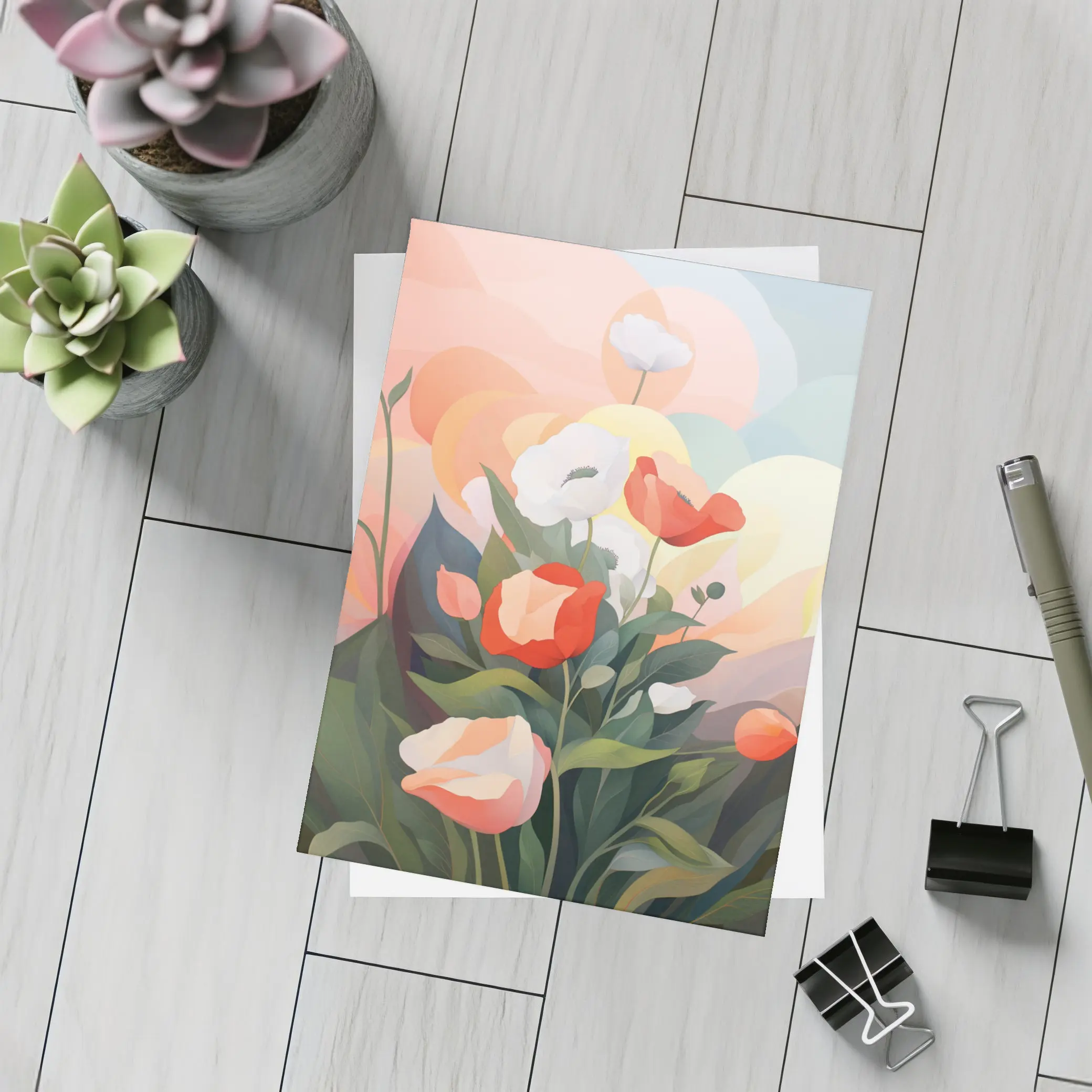 Red White Poppies Soft Pastel Sky Background – Postcards