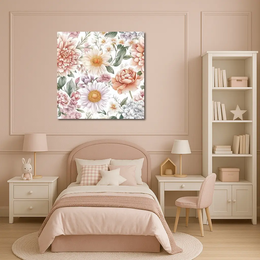 Pastel Watercolor Peonies Daisies Floral Pattern – Wall Art