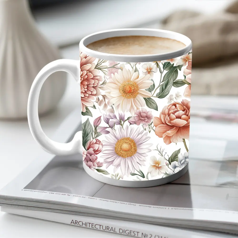 Pastel Watercolor Peonies Daisies Floral Pattern – Mugs