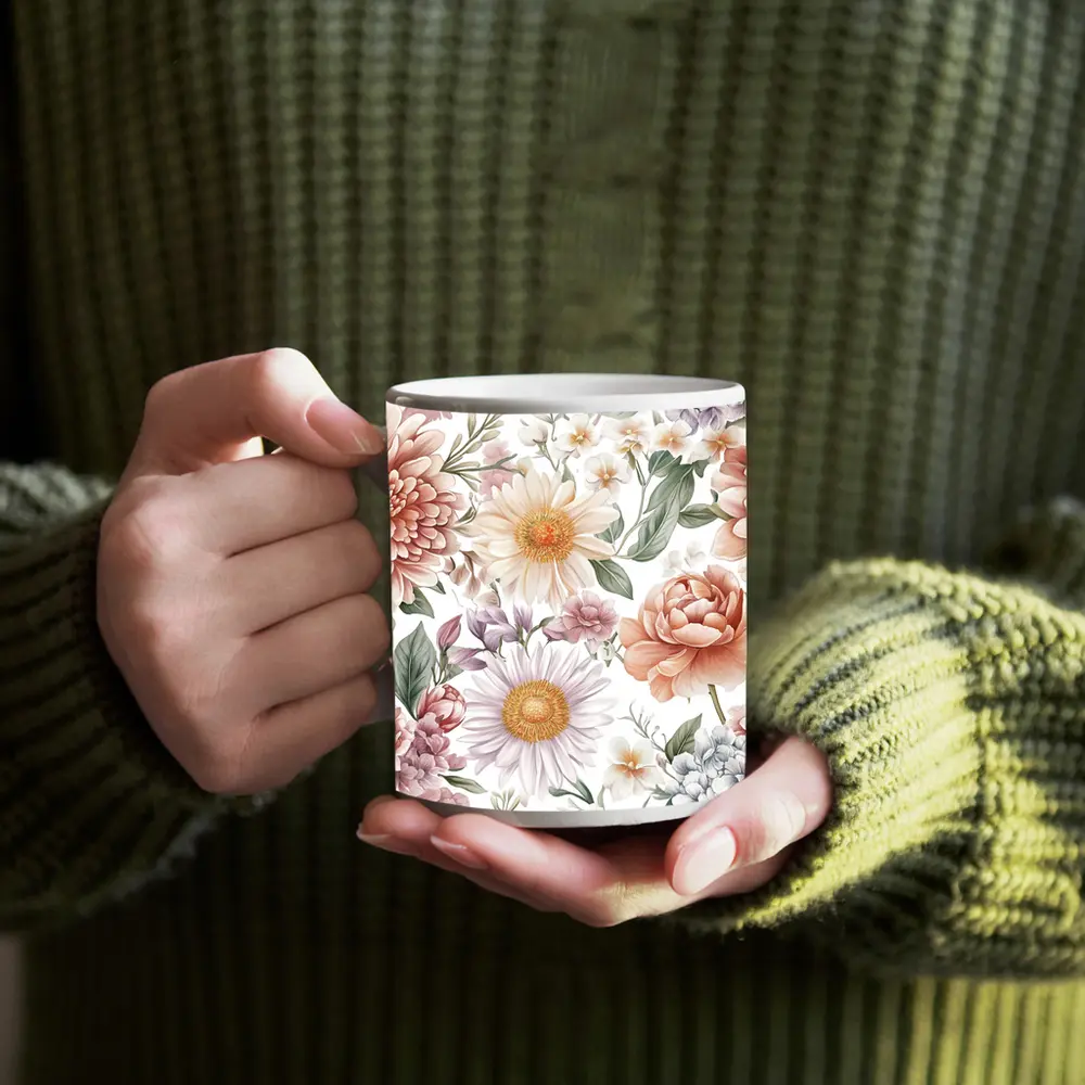 Pastel Watercolor Peonies Daisies Floral Pattern – Mugs