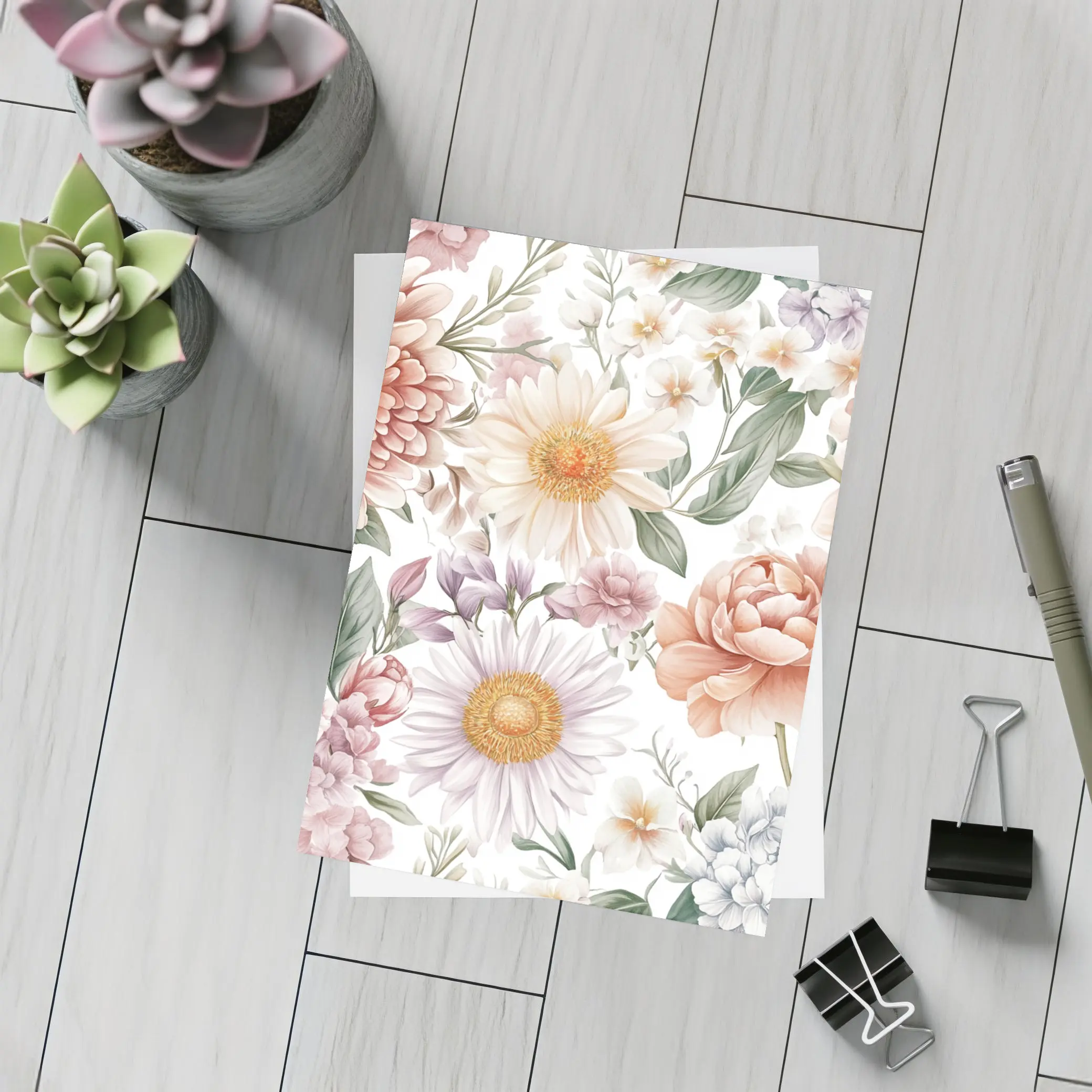 Pastel Watercolor Peonies Daisies Floral Pattern – Postcards