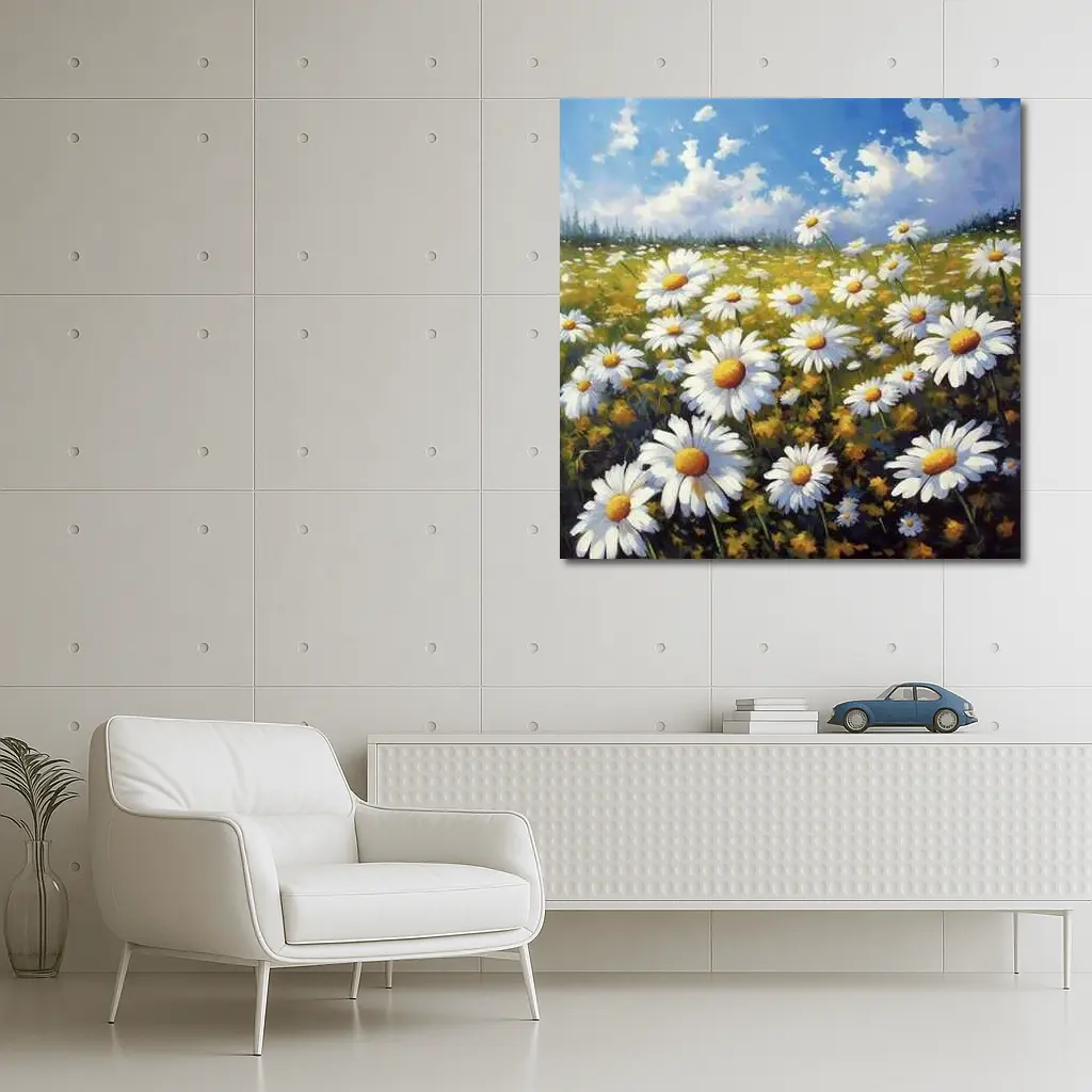 Daisy Field Oil Painting Blue Sky – Wall Art