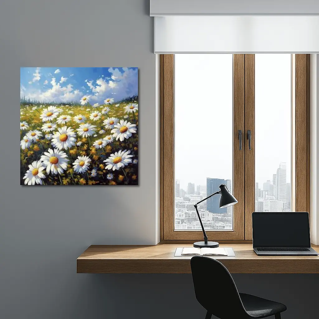 Daisy Field Oil Painting Blue Sky – Wall Art