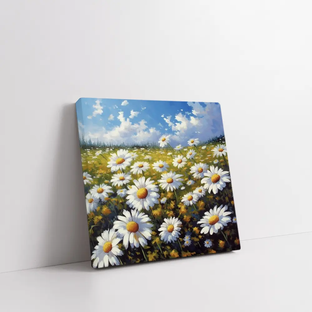 Daisy Field Oil Painting Blue Sky – Wall Art