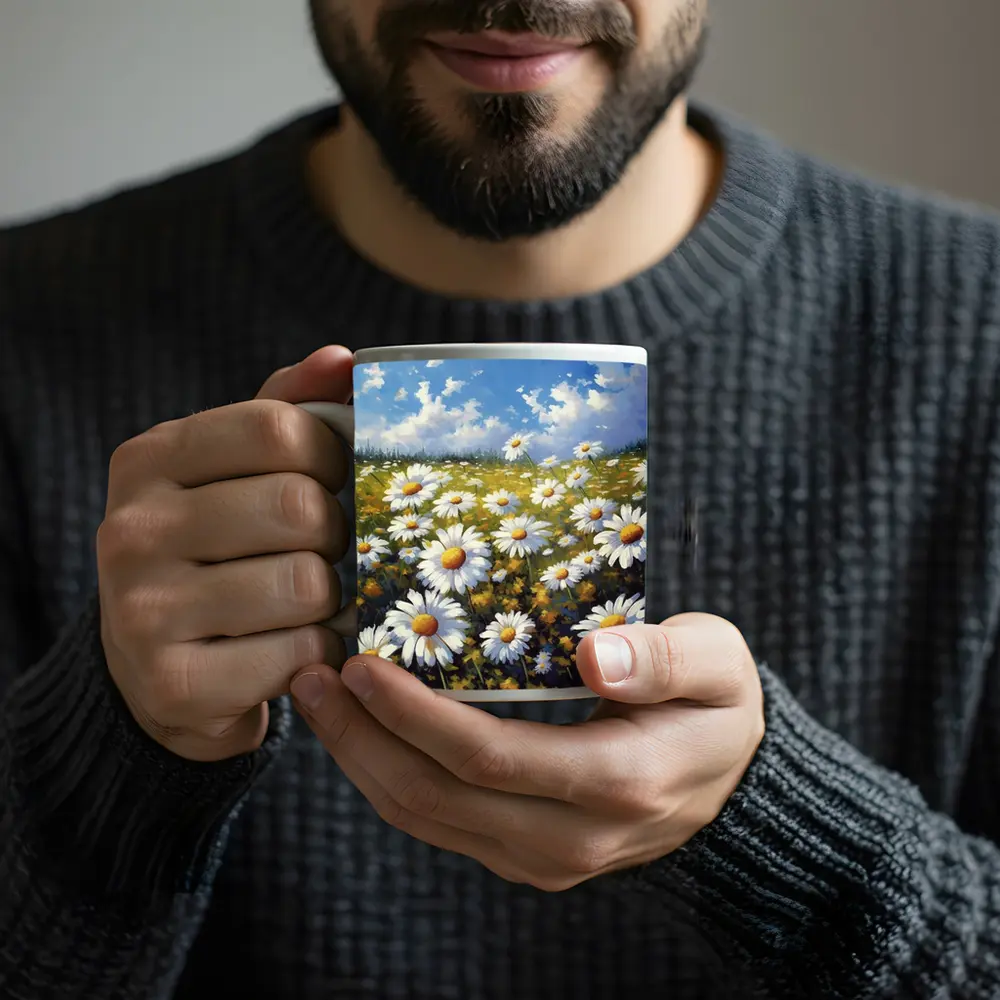 Daisy Field Oil Painting Blue Sky – Mugs
