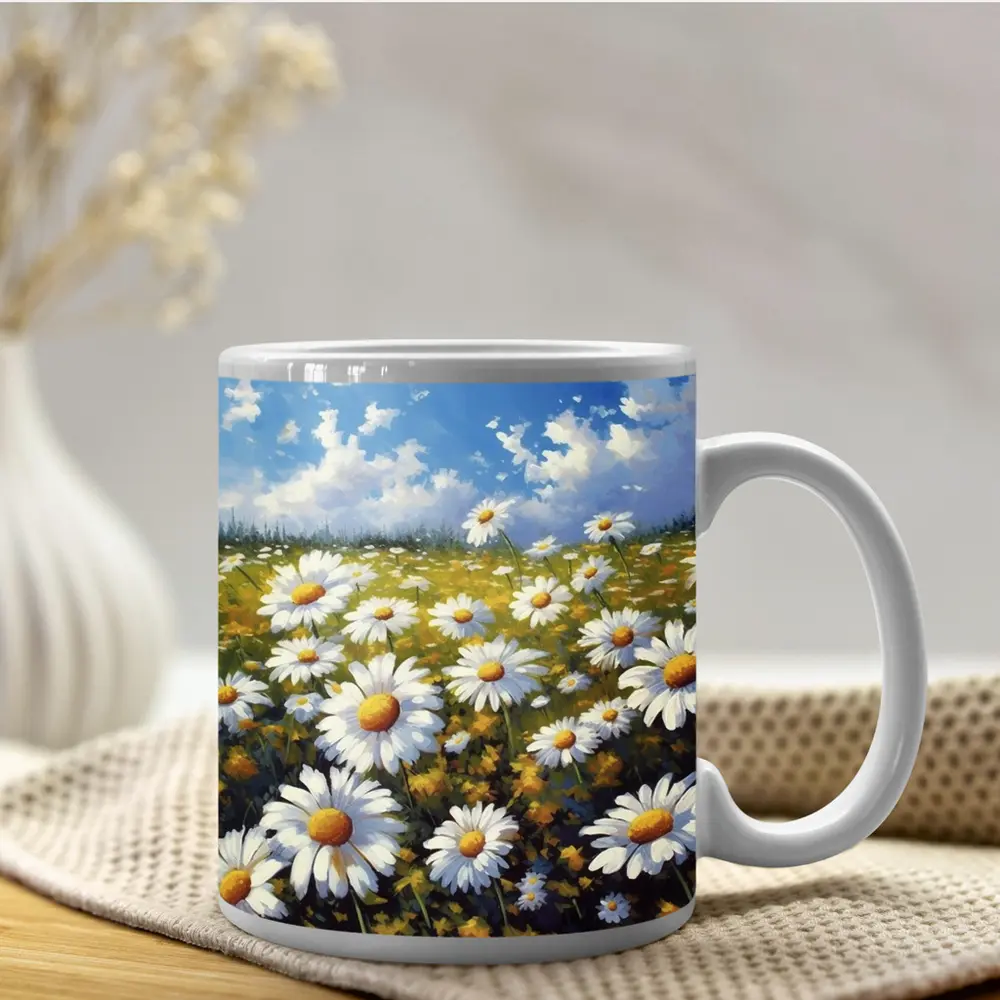 Daisy Field Oil Painting Blue Sky – Mugs