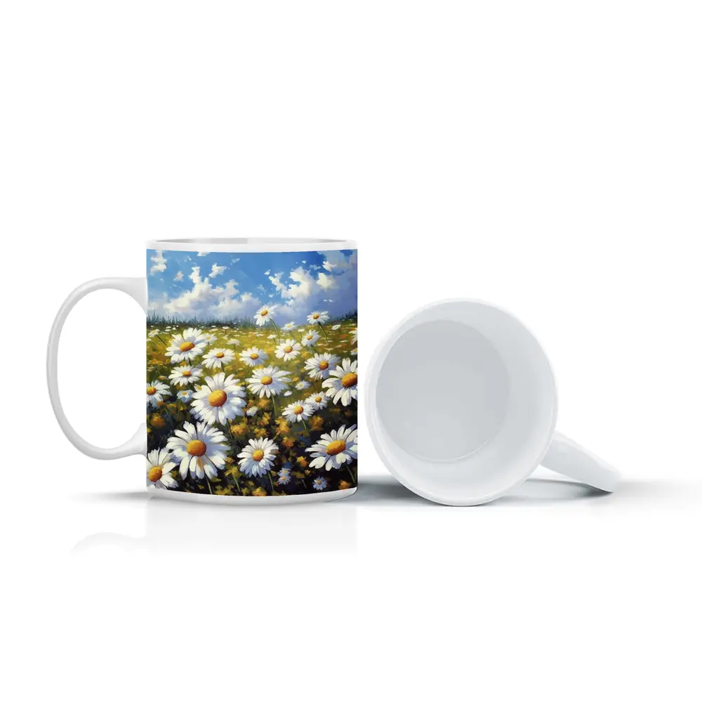 Daisy Field Oil Painting Blue Sky – Mugs