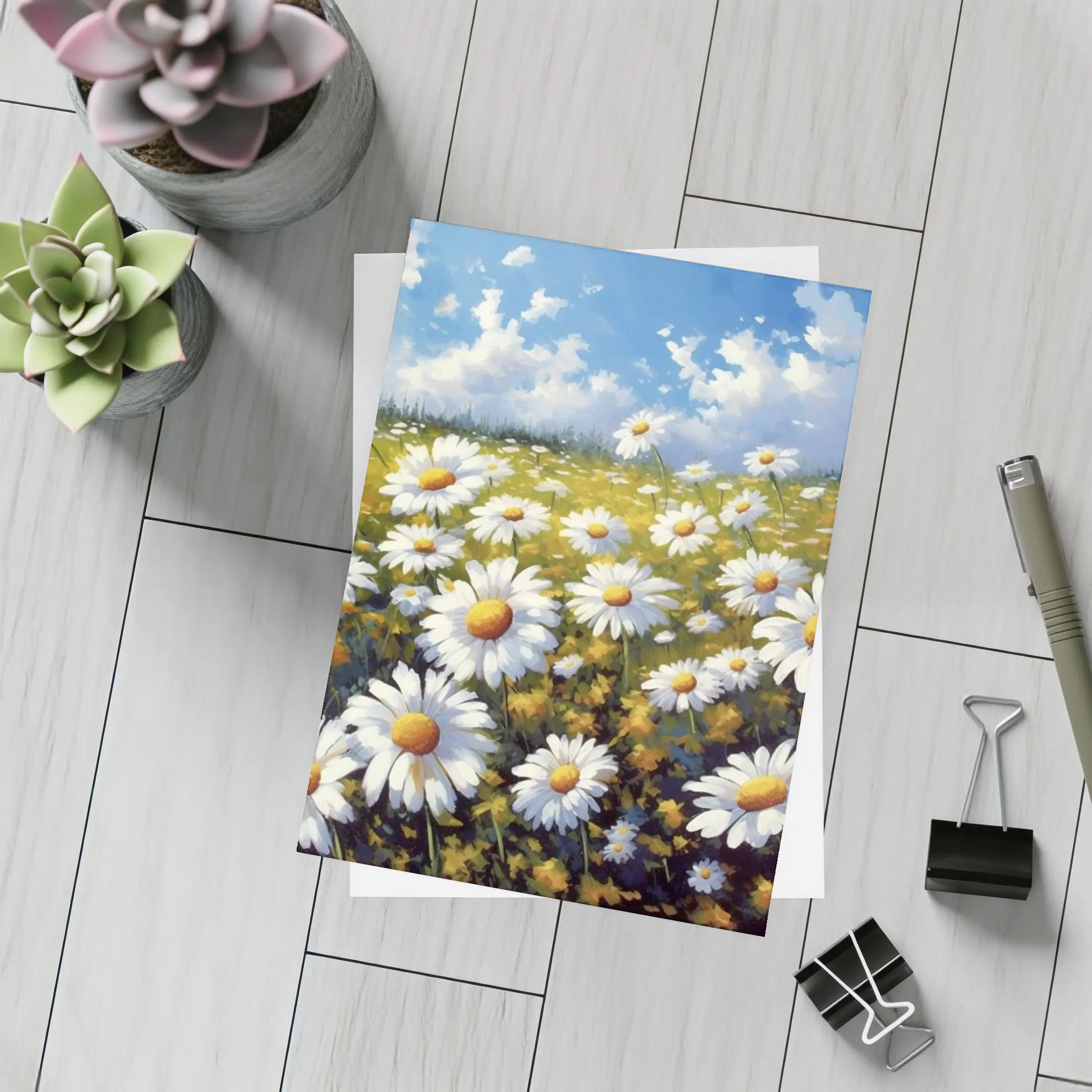 Daisy Field Oil Painting Blue Sky – Postcards