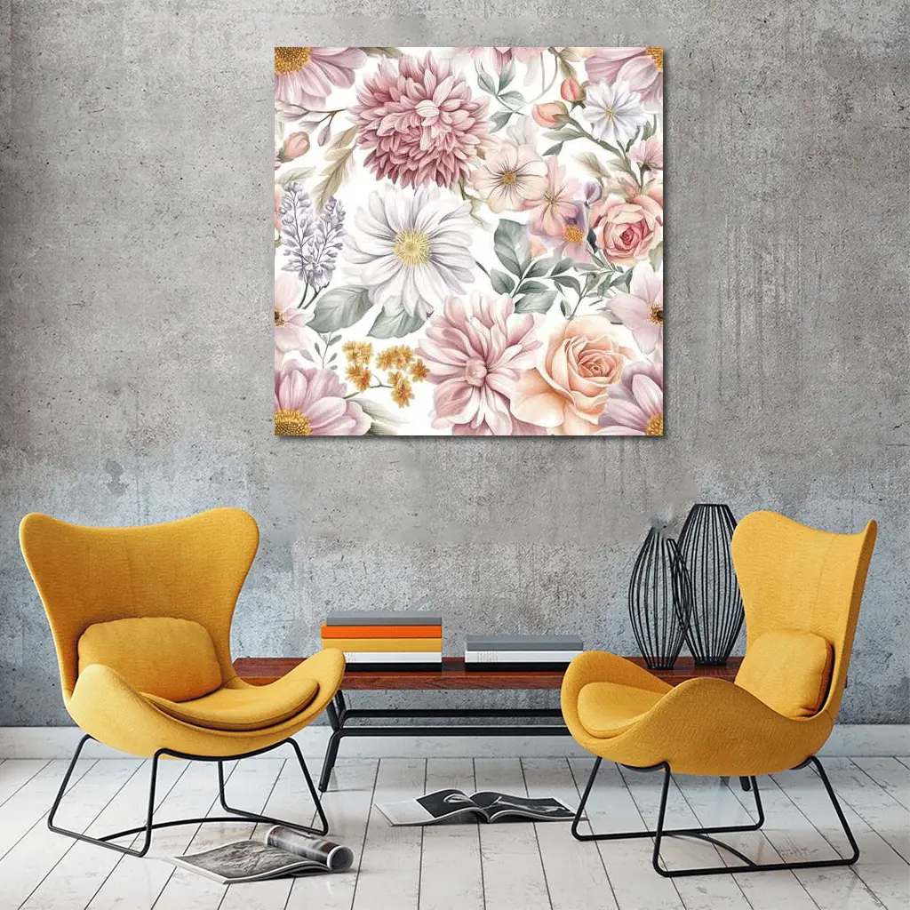 Watercolor Roses Dahlias Daisies Floral Pattern – Wall Art