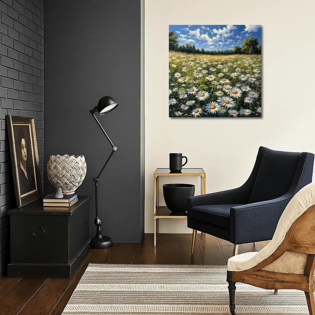 Daisy Field Painting Blue Sky Summer – Wall Art