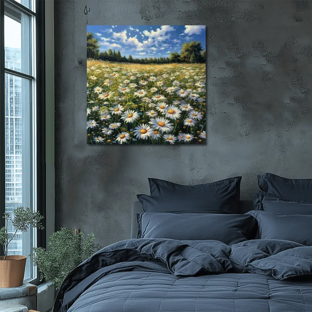 Daisy Field Painting Blue Sky Summer – Wall Art