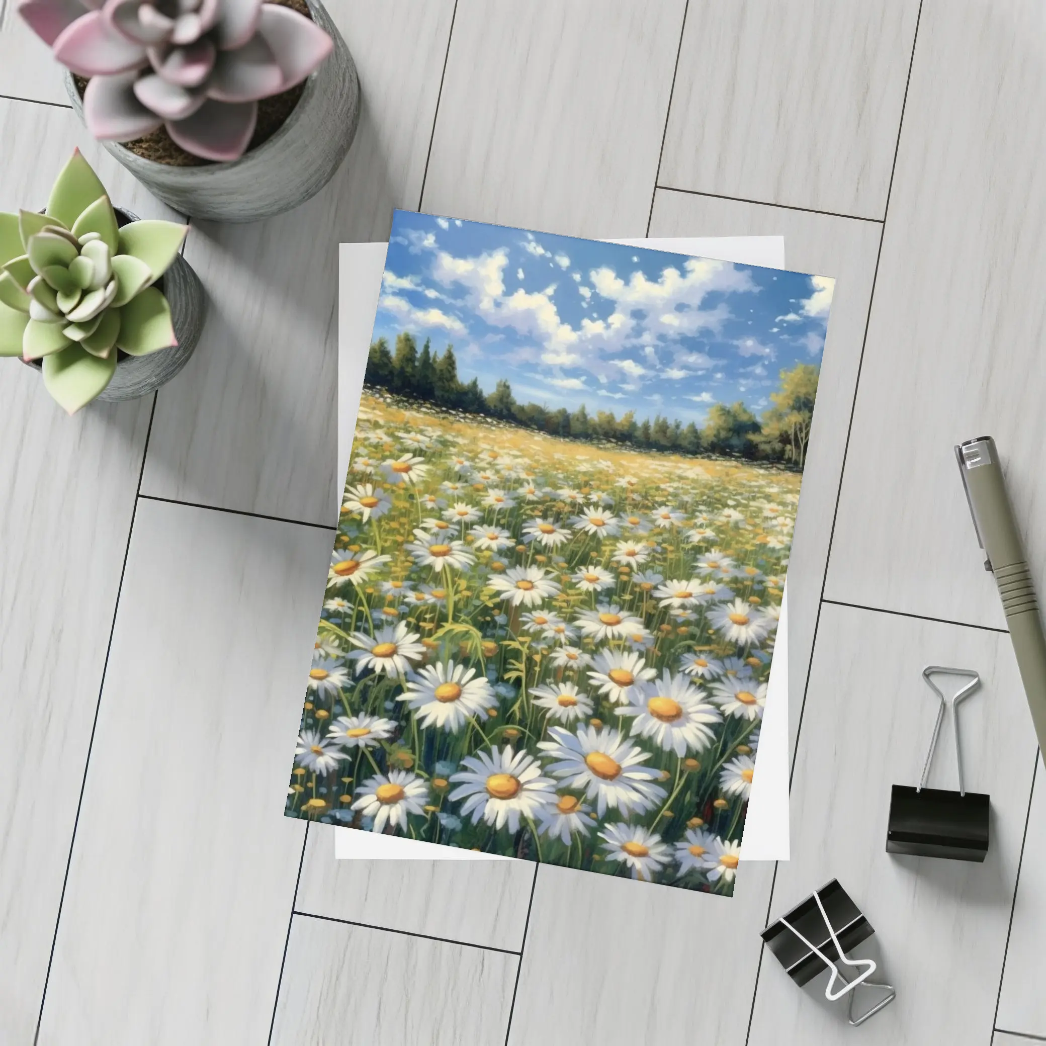 Daisy Field Painting Blue Sky Summer – Postcards