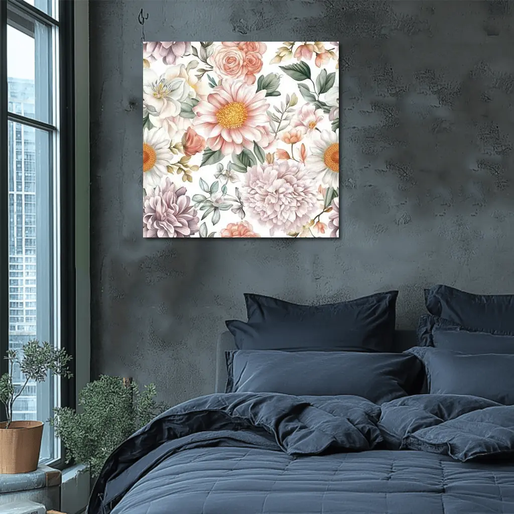 Watercolor Peonies Roses Daisies Floral Pattern – Wall Art